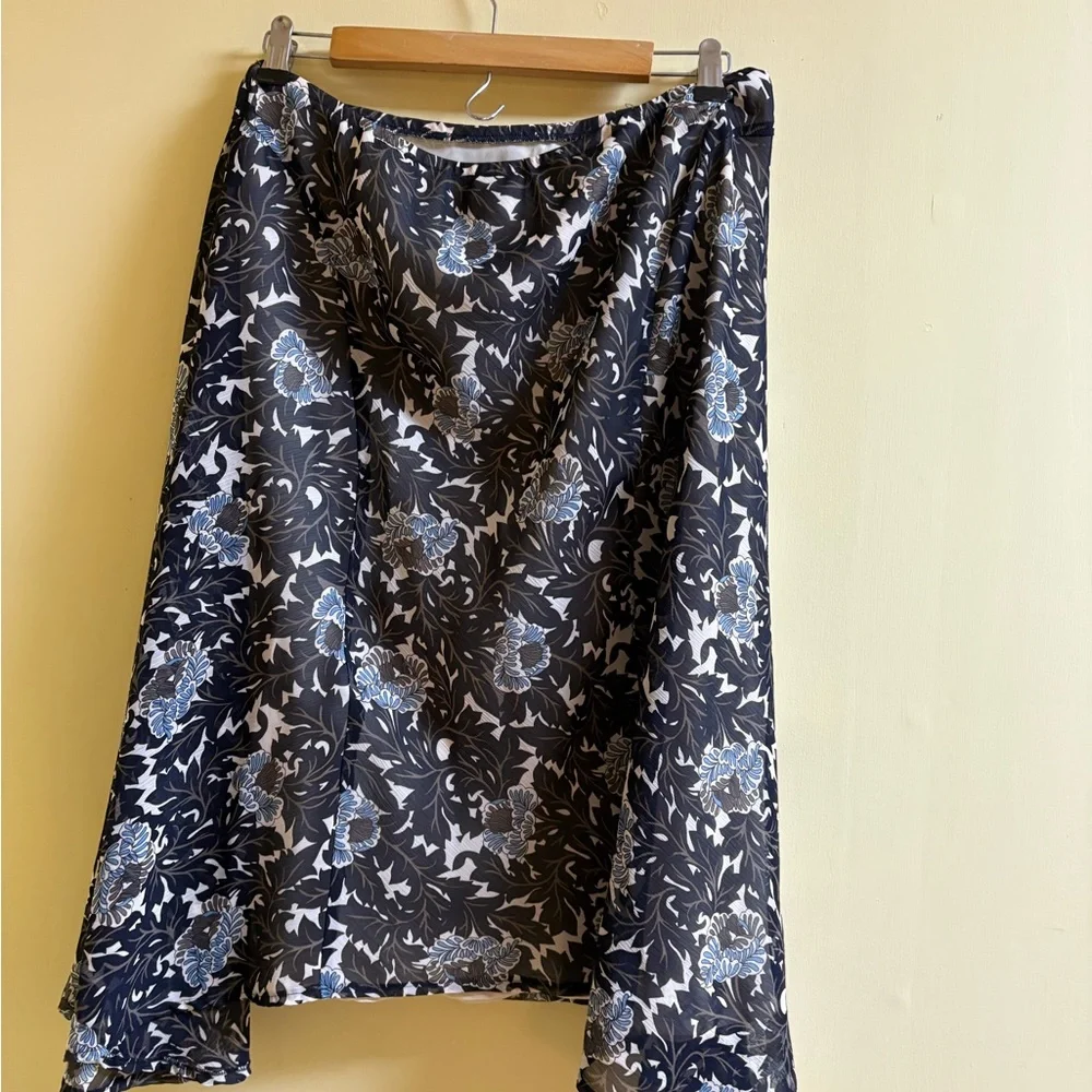 Worthington Asymmetrical Skirt Black Tan Cream Brown Blue Print XL Pre~Loved